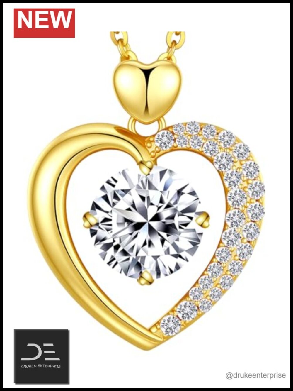 Moissanite Heart Pendant Necklace, 18K Gold Plated Sterling Silver, LOVE
